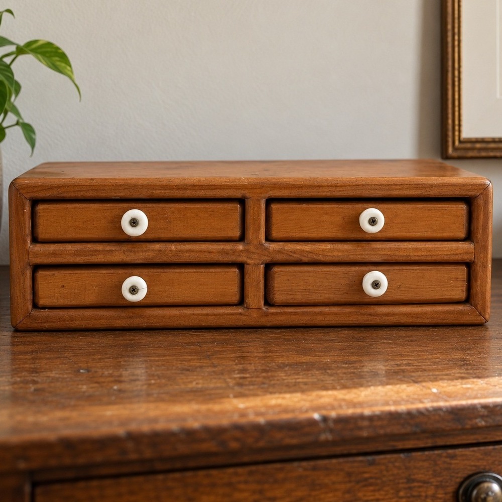 Vintage Wood 4 Drawer Desk Organizer Wall Cabinet Ceramic Knobs Country Decor